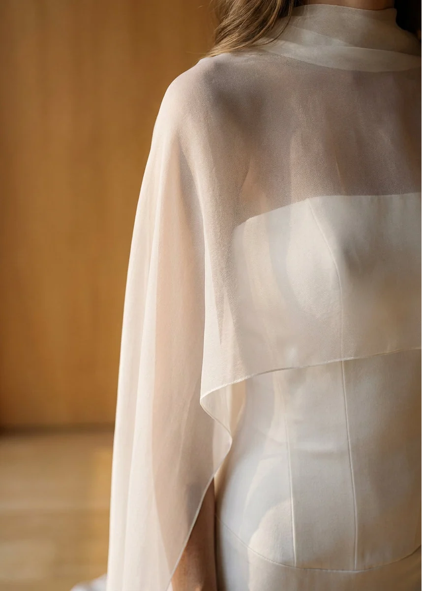 Close-up of a silk chiffon bridal cape draped over the shoulder, sheer fabric catching the light from behind