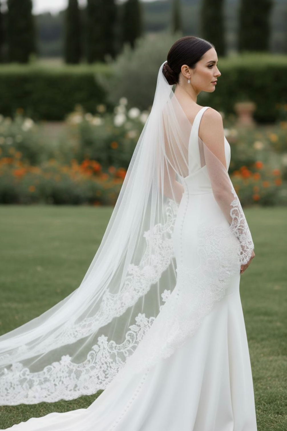 Long mantilla wedding veil edged with authentic Calais lace, hand-finished in France