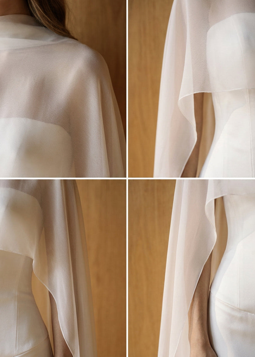 Detail views of a silk chiffon bridal cape showing the sheer fabric, shoulder seam and drape from multiple angles