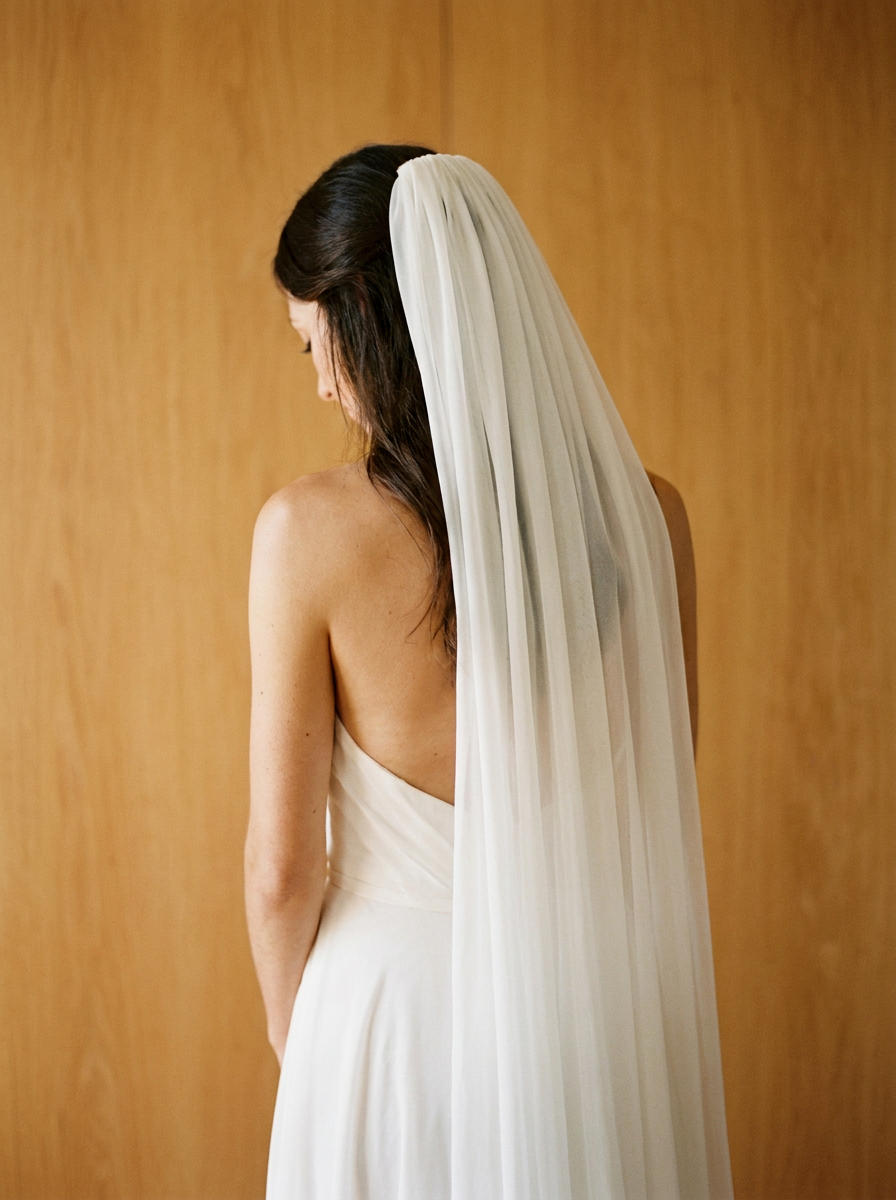 Silk chiffon wedding veil on a comb set in dark hair, draping over the shoulder of an open-back wedding dress