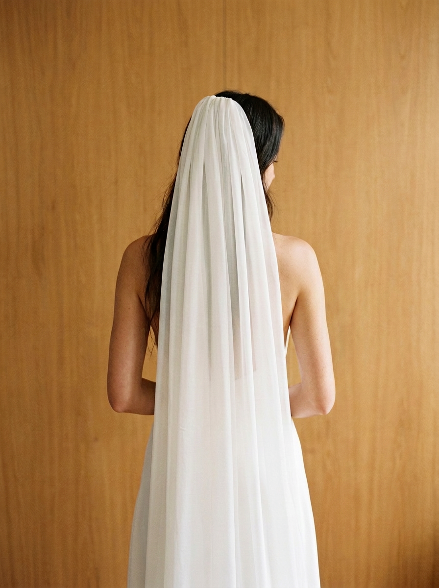 Back view of a sheer silk chiffon wedding veil falling straight over an open-back gown, natural white silk