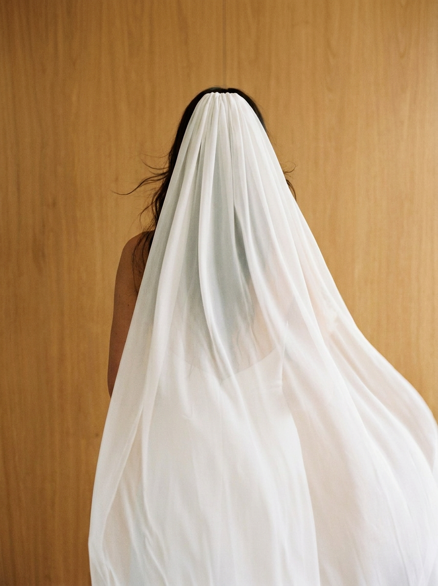 Back view of a bride in a chapel-length silk chiffon wedding veil lifting in the air, natural white silk