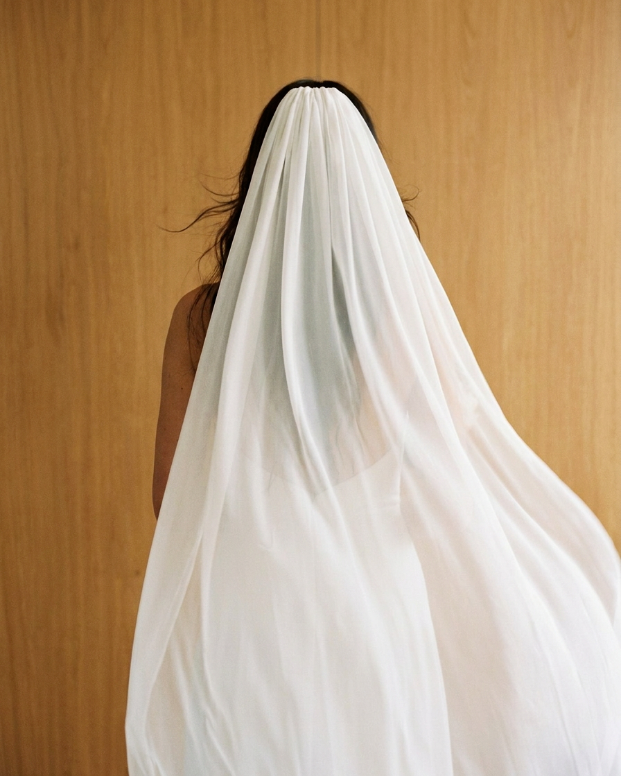 Back view of a bride in the Aurore chapel-length silk chiffon wedding veil lifting in the air