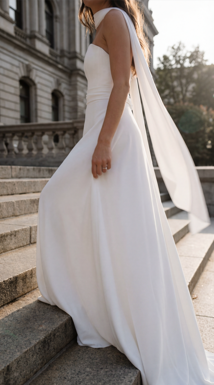 Ivory silk crepe bridal scarf styled with a modern wedding gown