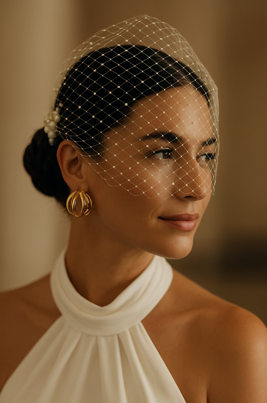 Bride adjusting her birdcage veil in front of a mirror before walking down the aisle