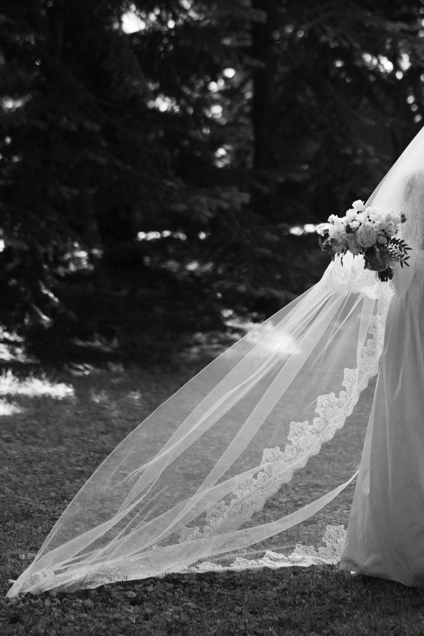 Detail of the lace trim of a scalloped edged cathedral wedding veil