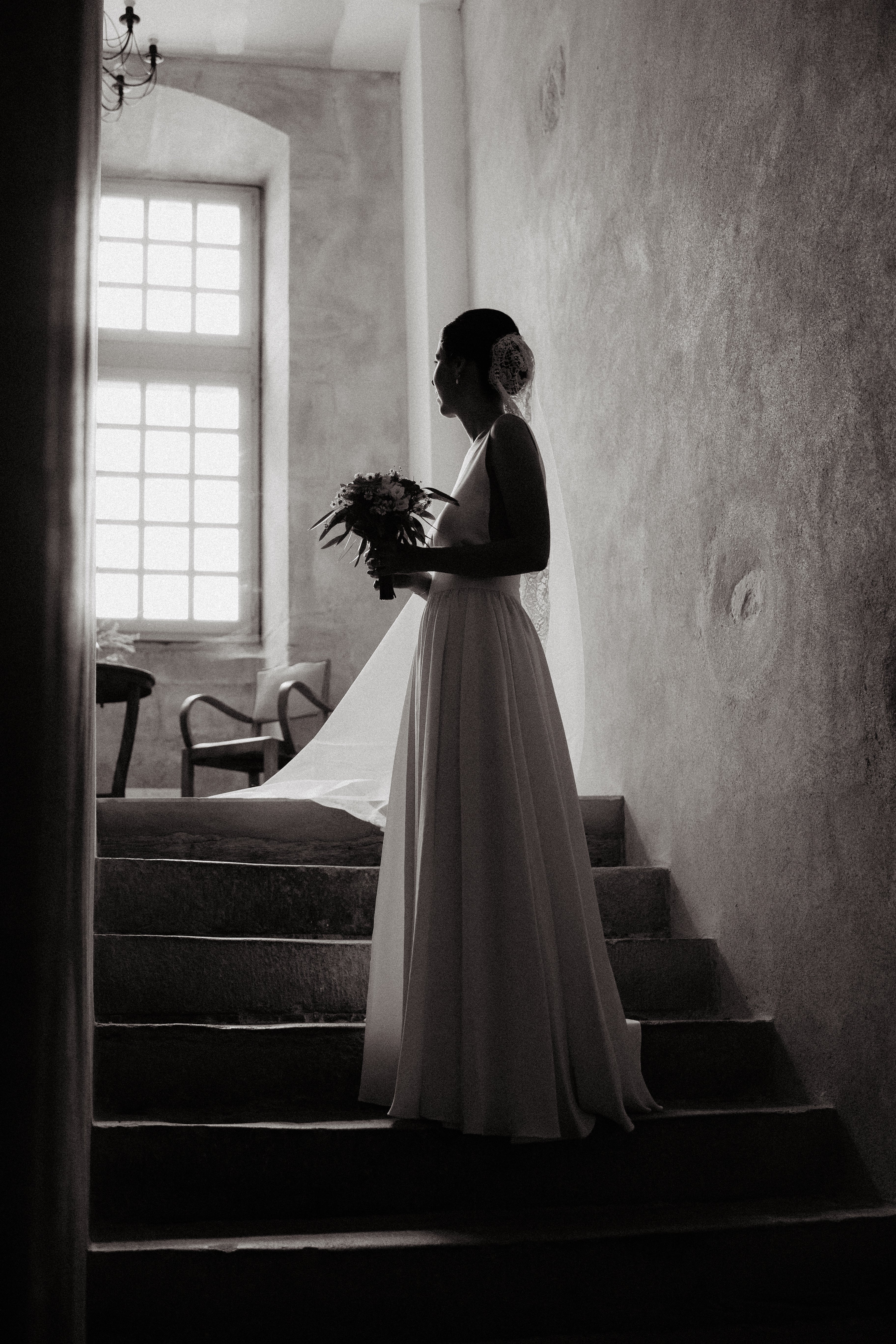 Cathedral-length mantilla wedding veil edged with authentic Calais lace, hand-finished in France