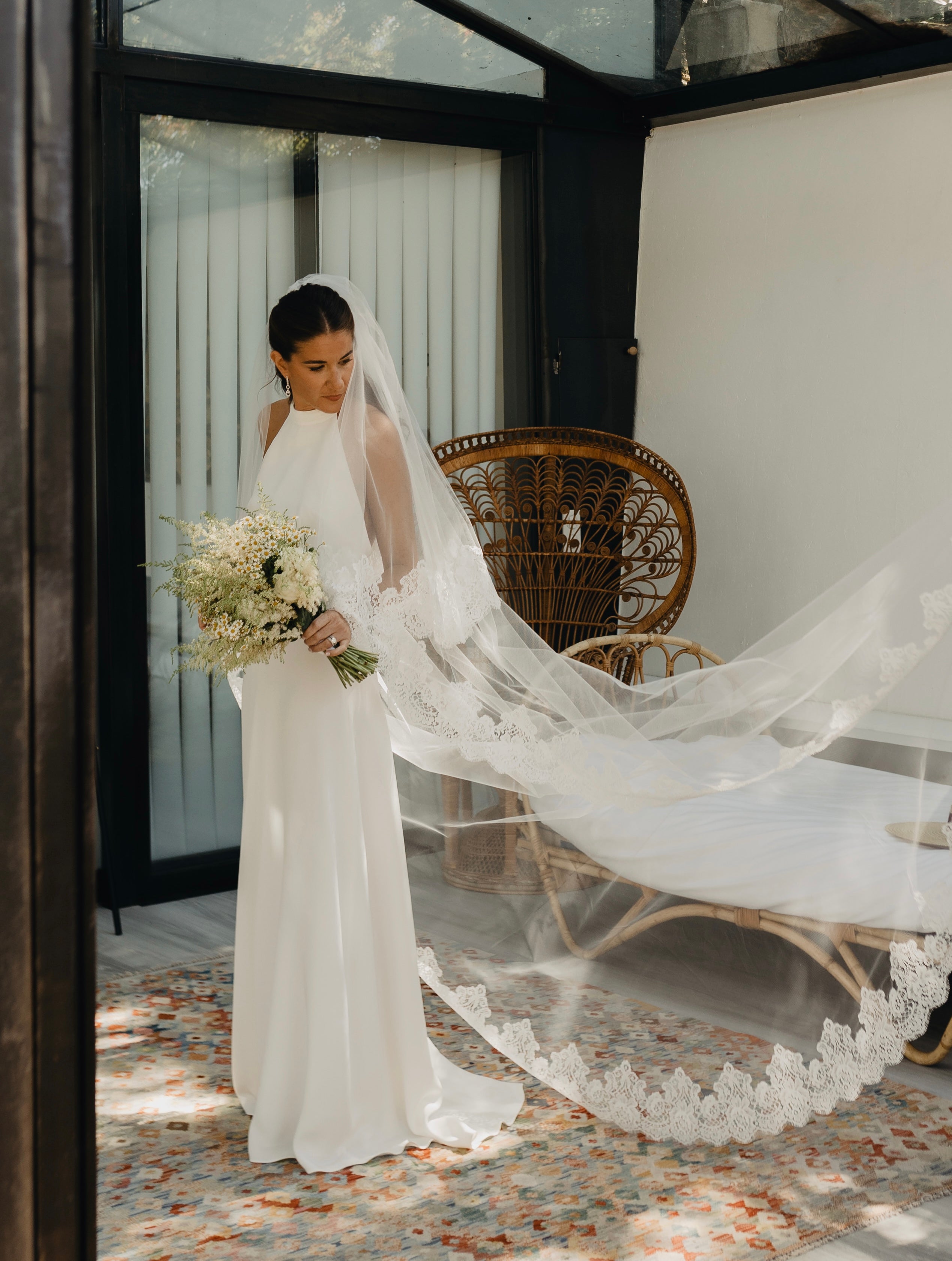 Full length view of the Mon Amour lace wedding veil with scalloped lace edge