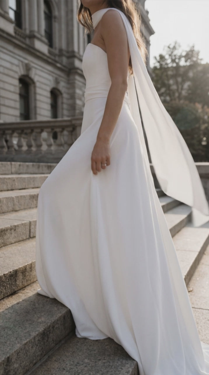 Bride wearing a silk crepe scarf walking up stairs