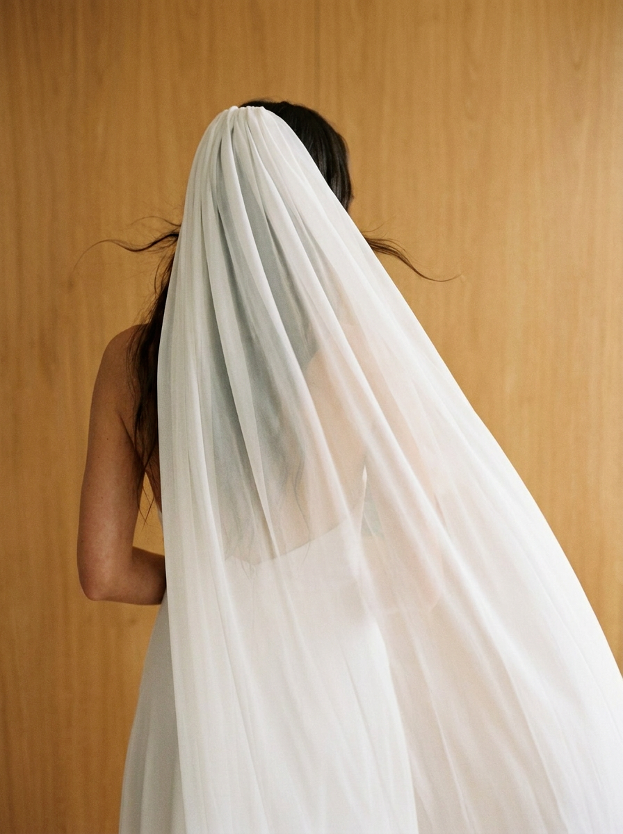 Sheer silk chiffon veil spreading wide behind the bride, the open back of the gown visible through the silk