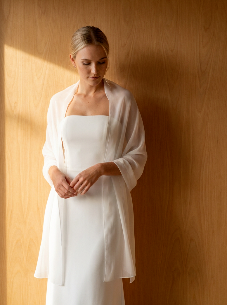 A bride wearing a silk shawl with her wedding dress