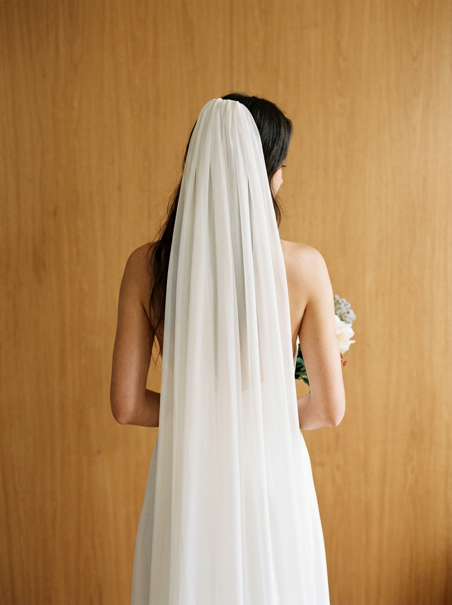 Bride holding a bouquet, seen from behind, wearing a single-tier silk chiffon wedding veil with no blusher