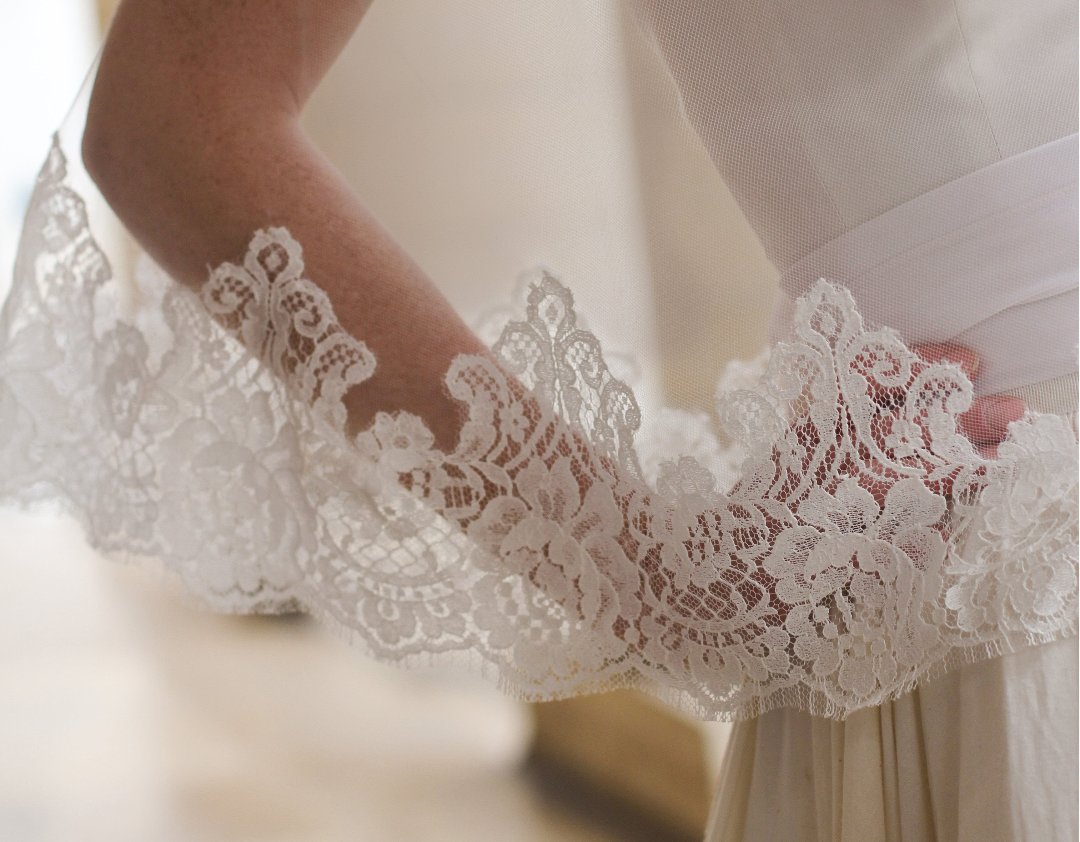 Details of a wedding veil made in Calais lace.